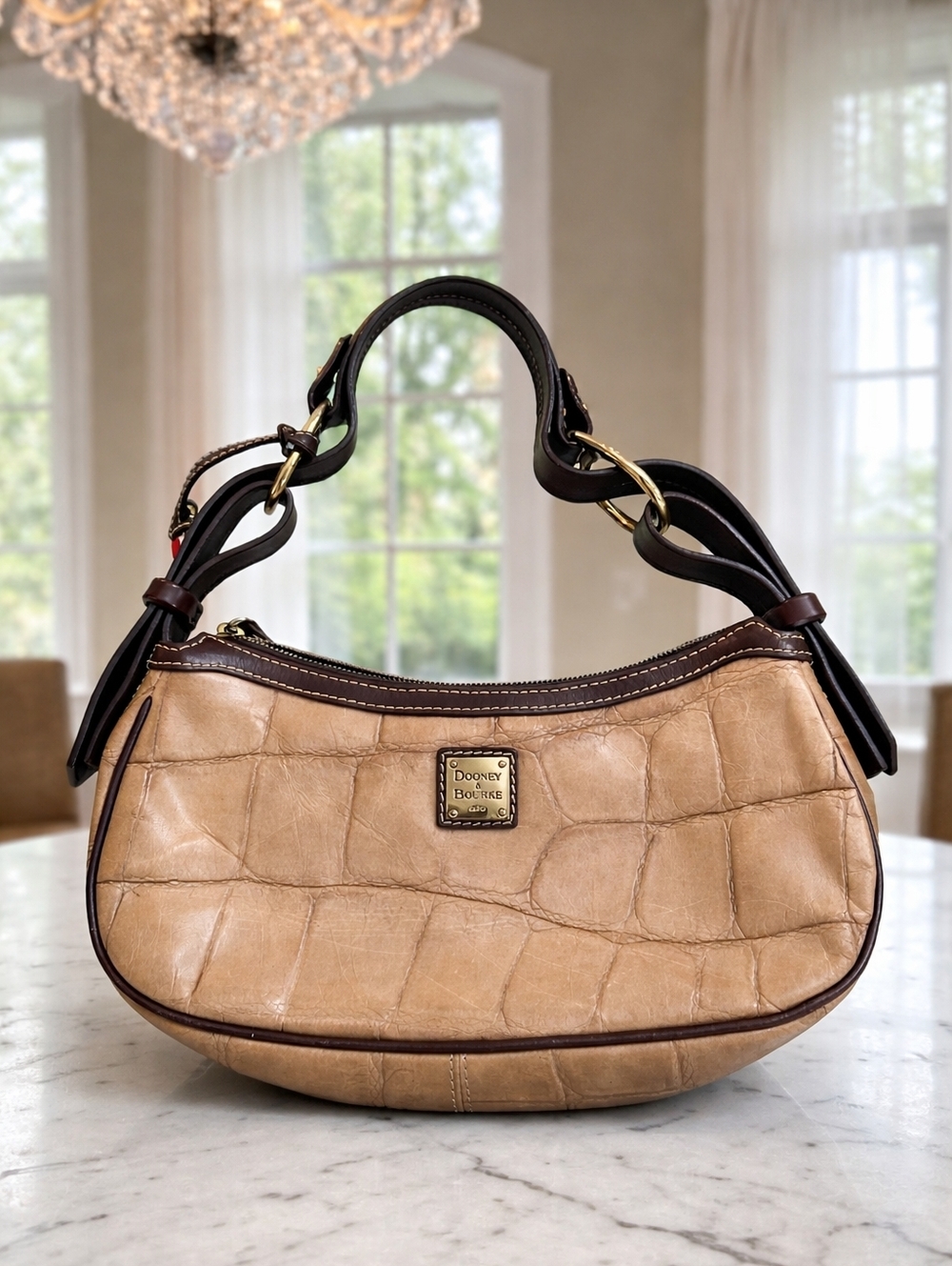 Dooney & Bourke Croc Embossed Leather Shoulder Bag Brown Tan Y2K Vintage Rare